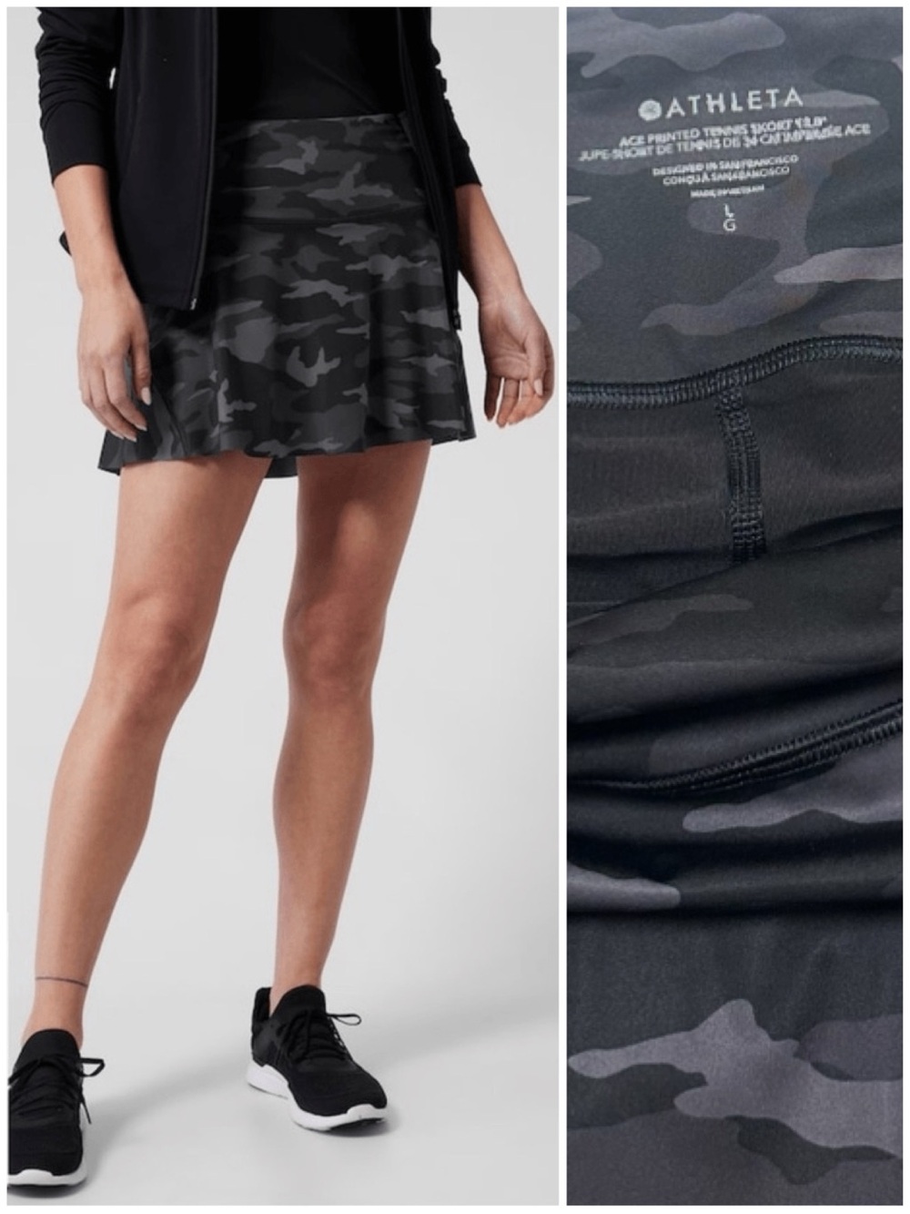Athleta Ace Printed Tennis Skort 13.5” Black Grey Camo SwiftLite UPF50+ Pockets
